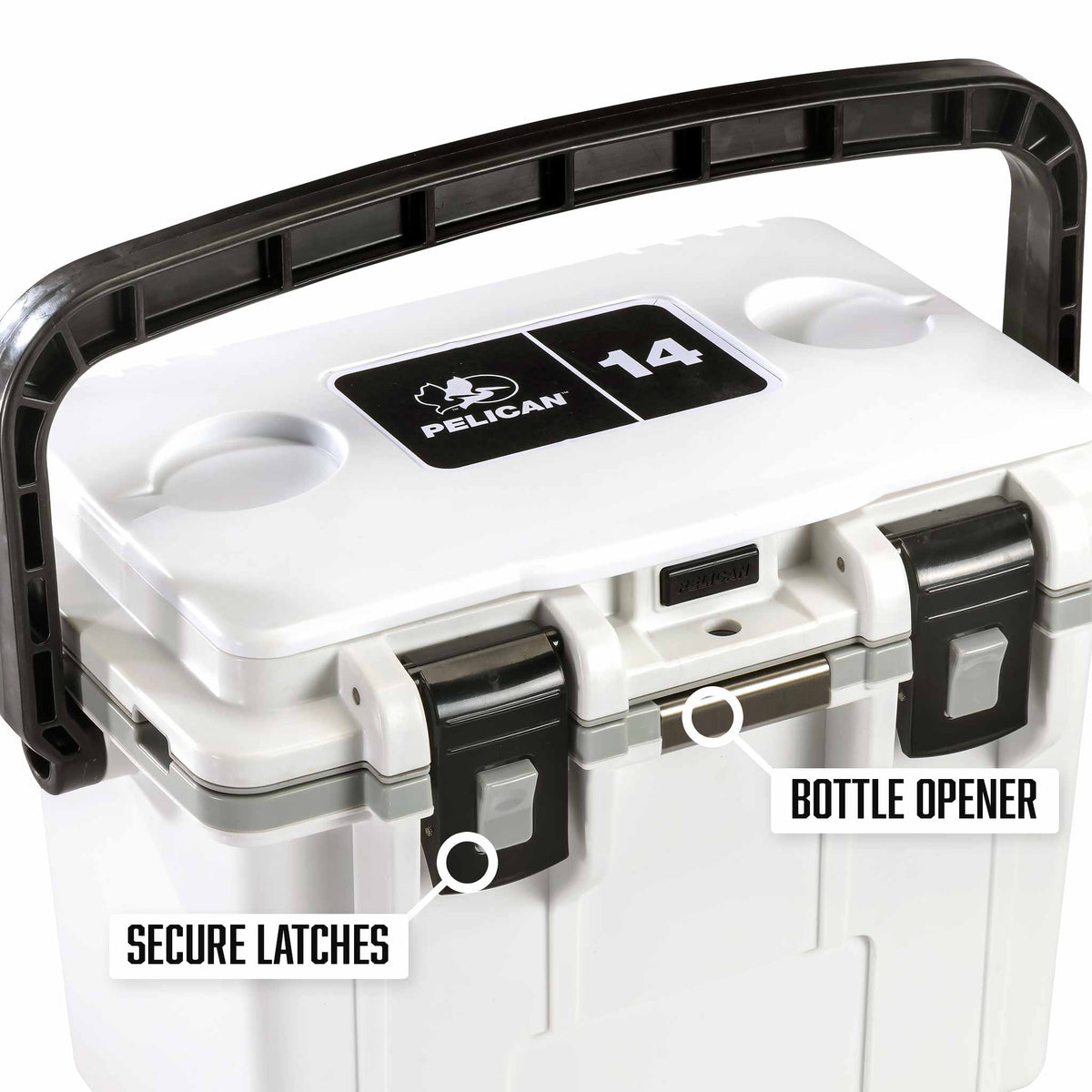14QT Personal Pelican Cooler has secure latches and a built-in bottle opener