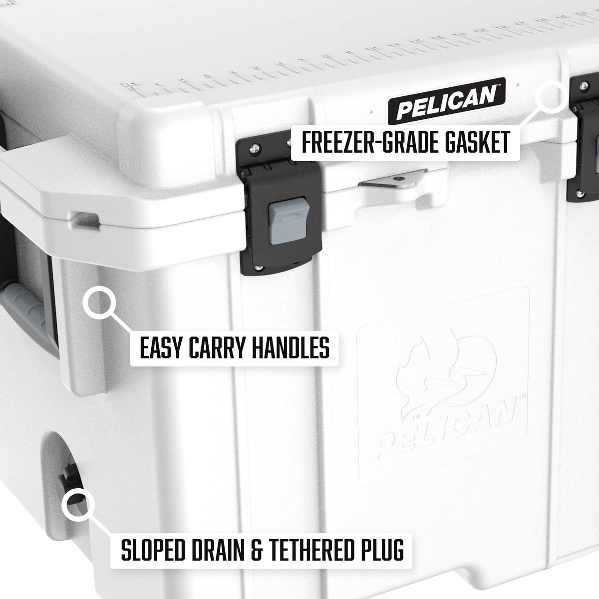 150QT-1-WHT Pelican™ 150QT Elite Cooler comes with two sets of easy to use handles, sloped drain &amp; tethered plug, and a freezer grade gasket