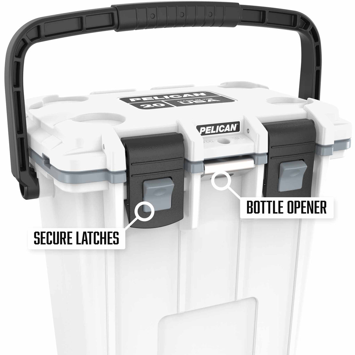 20QT Pelican Elite Cooler with secure latches and a built in bottle opener
