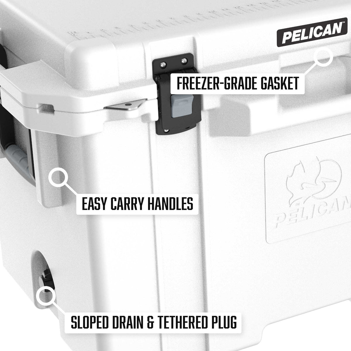 Pelican™ 250QT Elite Cooler comes with a sloped drain &amp; tethered plug, two sets of easy to use handles, and a freezer grade gasket