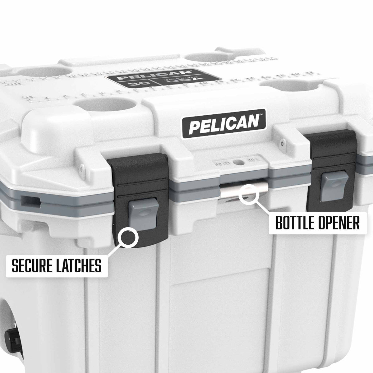 30QT Pelican Elite Cooler has secure press &amp; pull latches and a built in bottle opener