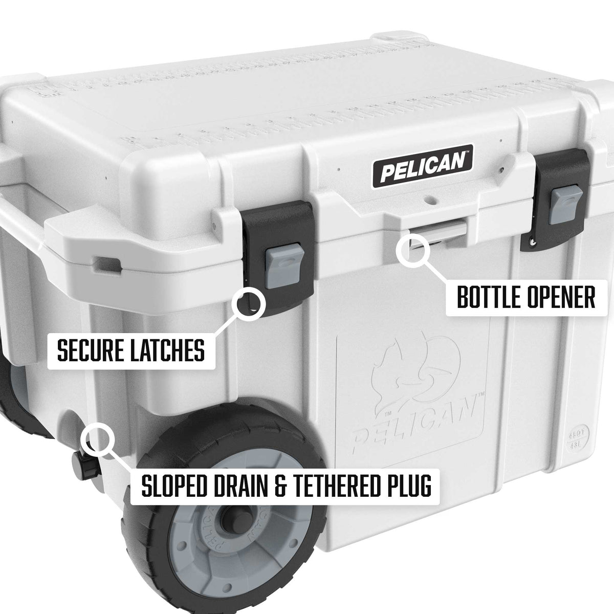 Pelican 45QT Elite Wheeled Cooler has secure latches, a sloped drain &amp; tethered plug, and a built in bottle opener
