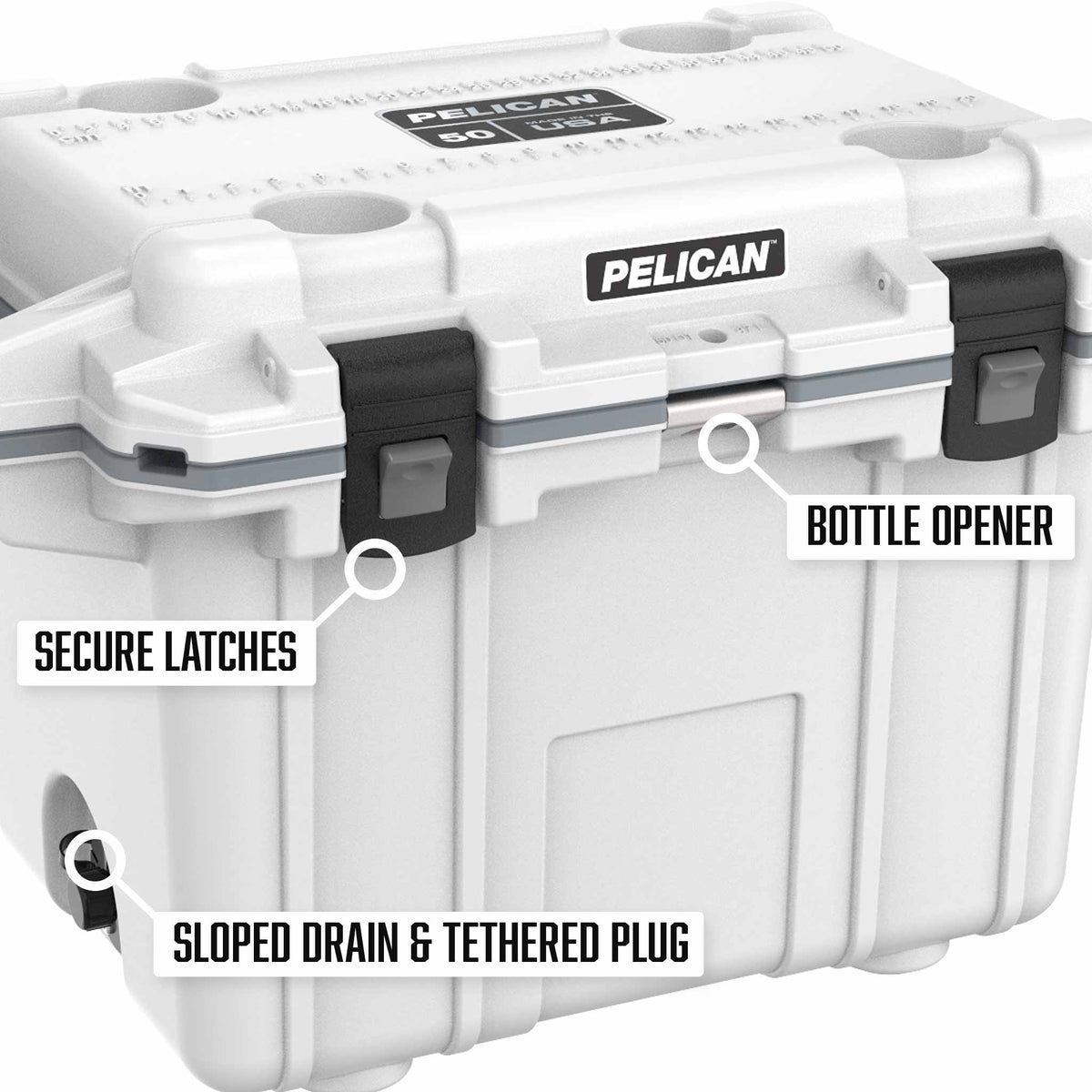 50QT Pelican Elite Cooler with secure latches, sloped drain &amp; tethered drain plug, and a built in bottle opener