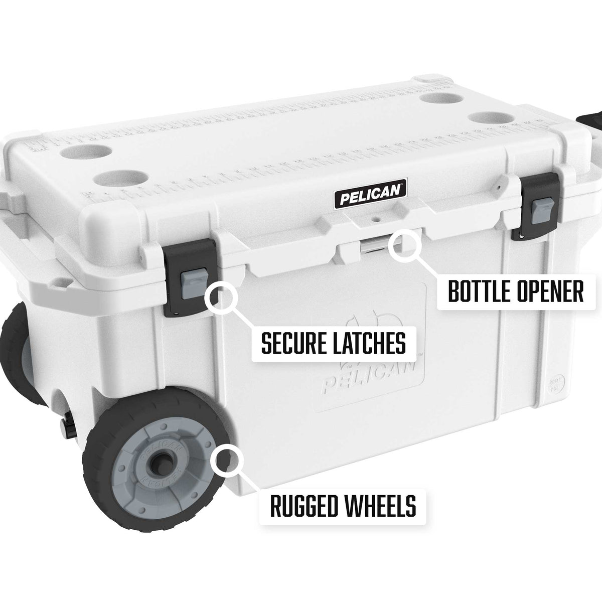 Pelican 80QT Elite Wheeled Cooler  has secure latches, rugged wheels, and a built in bottle opener