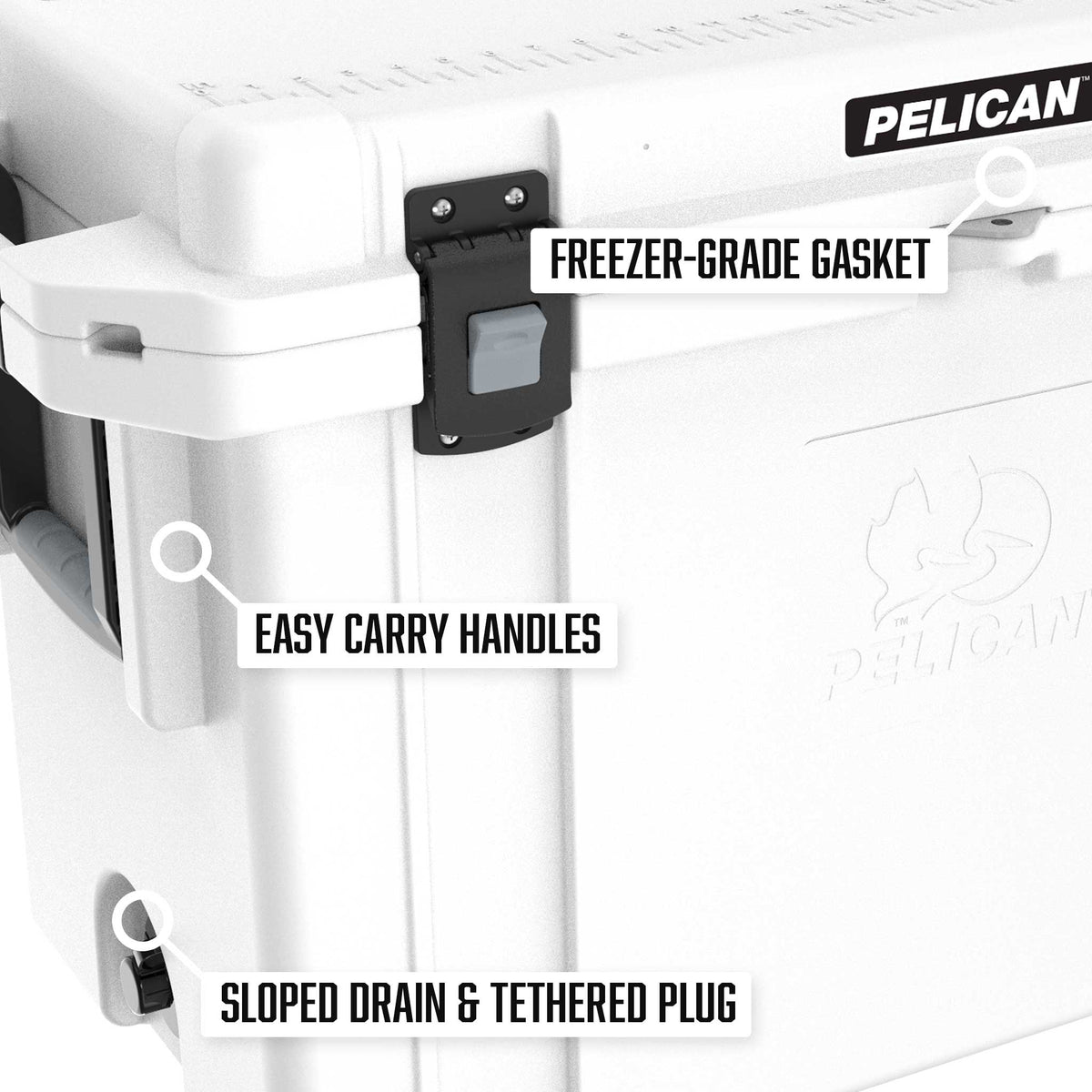 95QT Pelican Elite Cooler comes with two sets of easy carry handles, a freezer grade gasket, and a sloped drain &amp; tethered plug