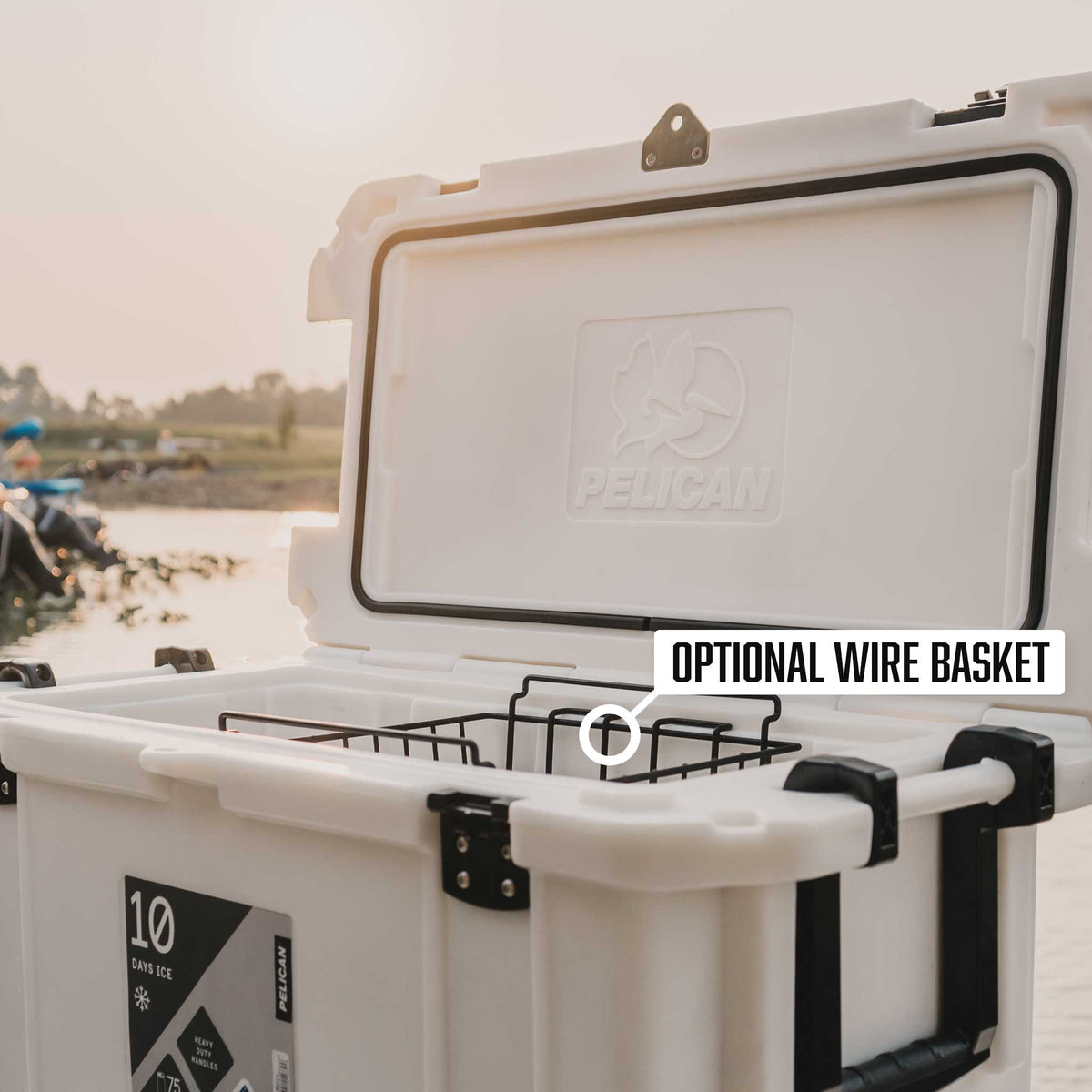 95QT Pelican Elite Cooler opened displaying the dry rack basket (sold separately) 
